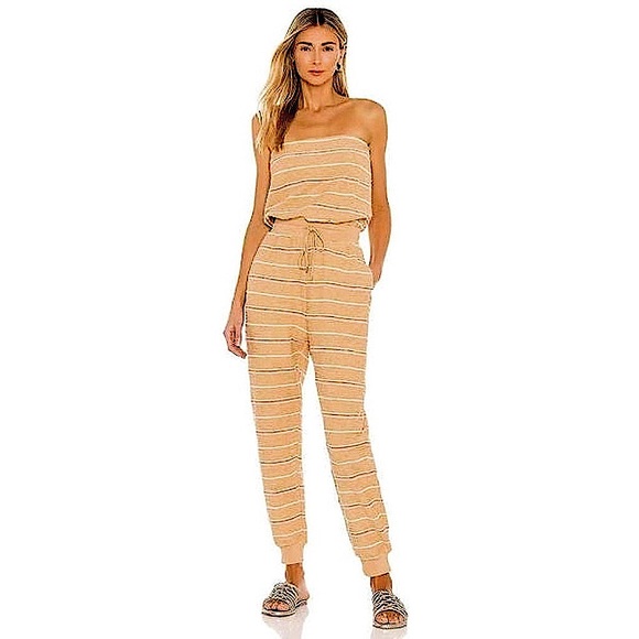 NWT LSPACE NORTH SHORE STRAPLESS TAN PINK CRM STRIPE JUMPSUIT POCKETS SIZE LARGE - Picture 1 of 11